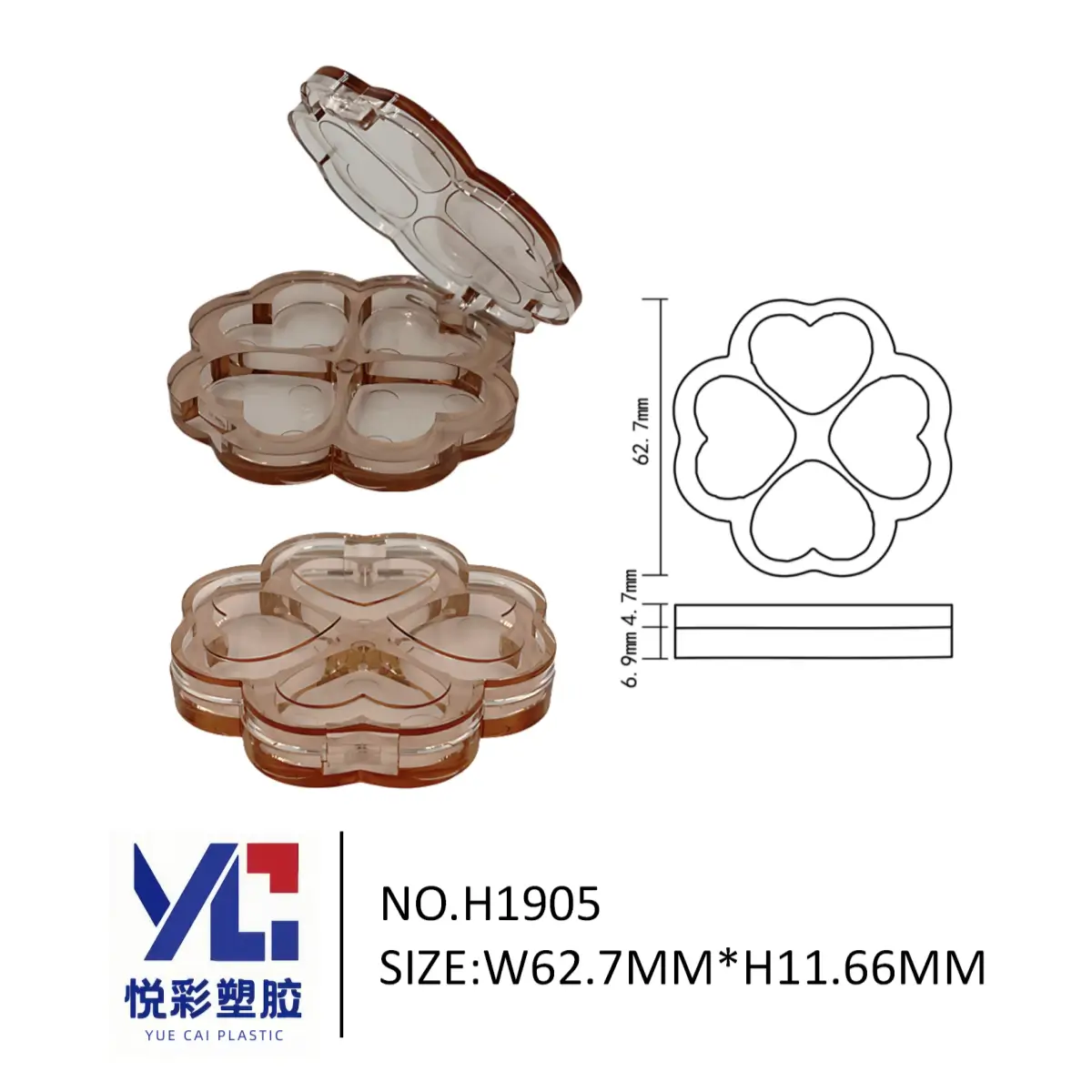 悦彩塑胶四叶草造型眼影盘，花朵形四色腮红盒，透明彩妆包材工厂