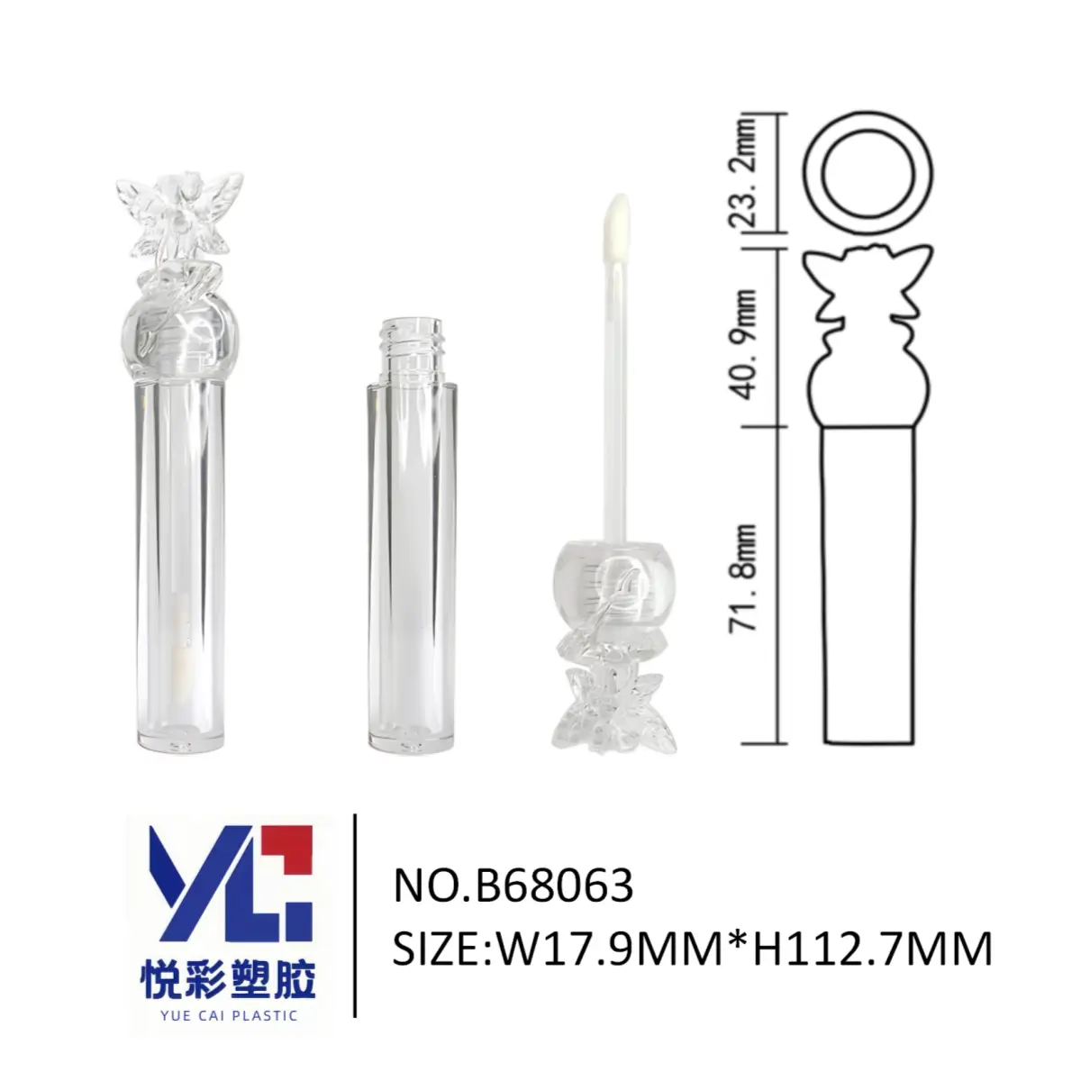 悦彩塑胶 水晶仙子头唇彩管包材 细长透明唇釉空管 精致彩妆容器定制