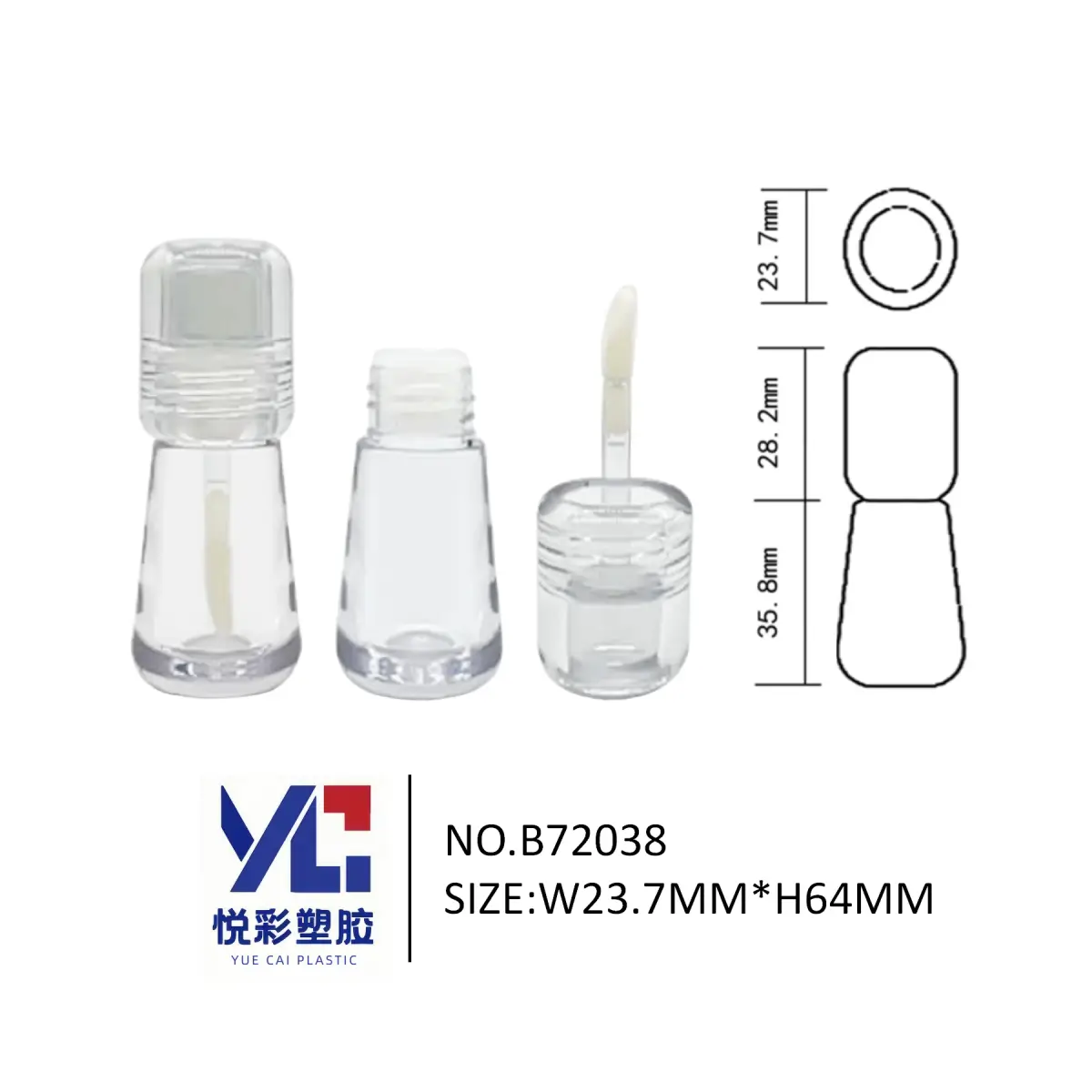 B72038 迷你胖胖唇油瓶尺寸图，厚壁高透材质（仿玻璃质感），配大刷头，适用于唇油/唇蜜。直径23.7mm，高度64mm。