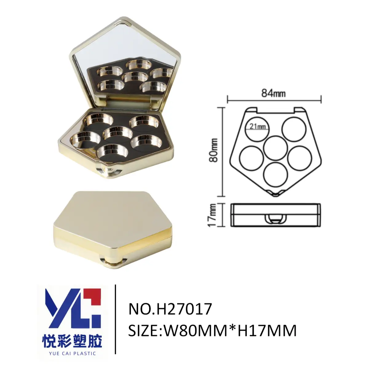 悦彩塑胶五边形五色眼影盘，尺寸84x80x17mm，模具号H27017几何彩妆盒定制。