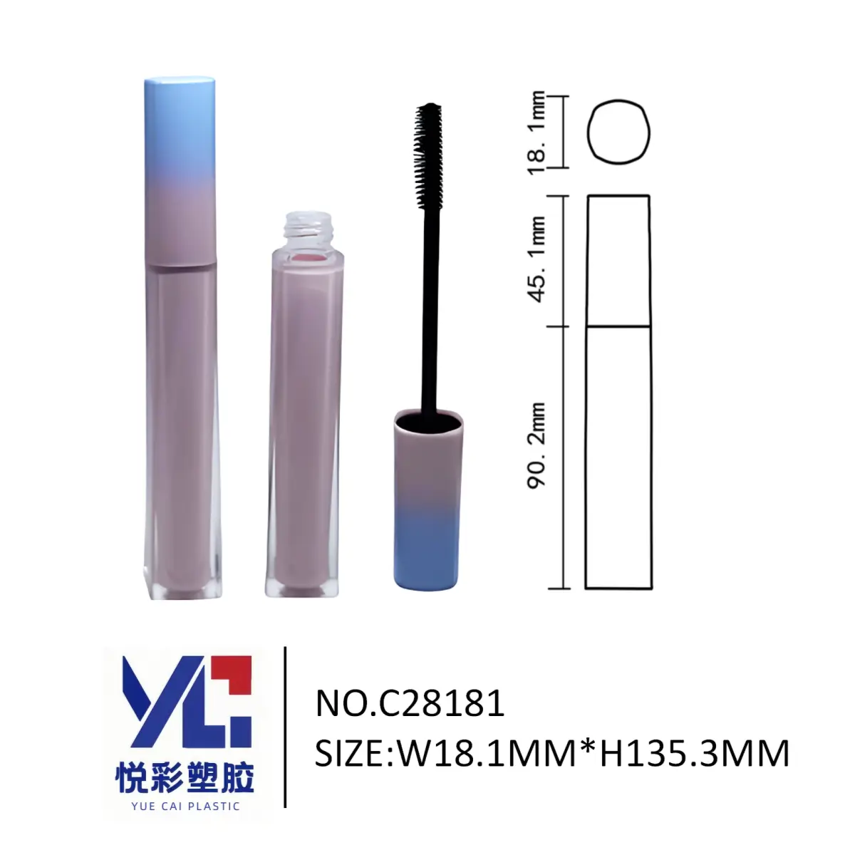 Square mascara tube with pastel blue to purple gradient finish, Model C28181, dreamy aesthetic